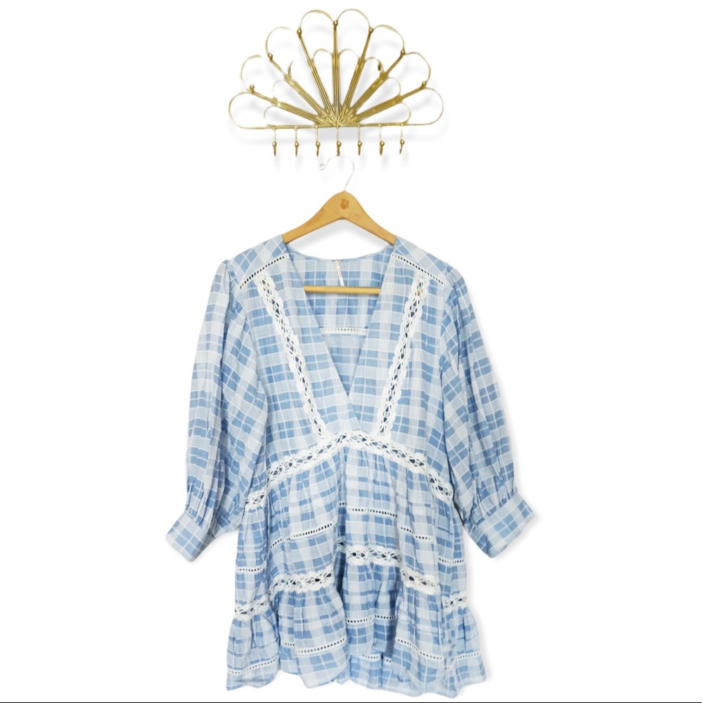 Free People Blue Time Out Tiered Lace Tunic Top